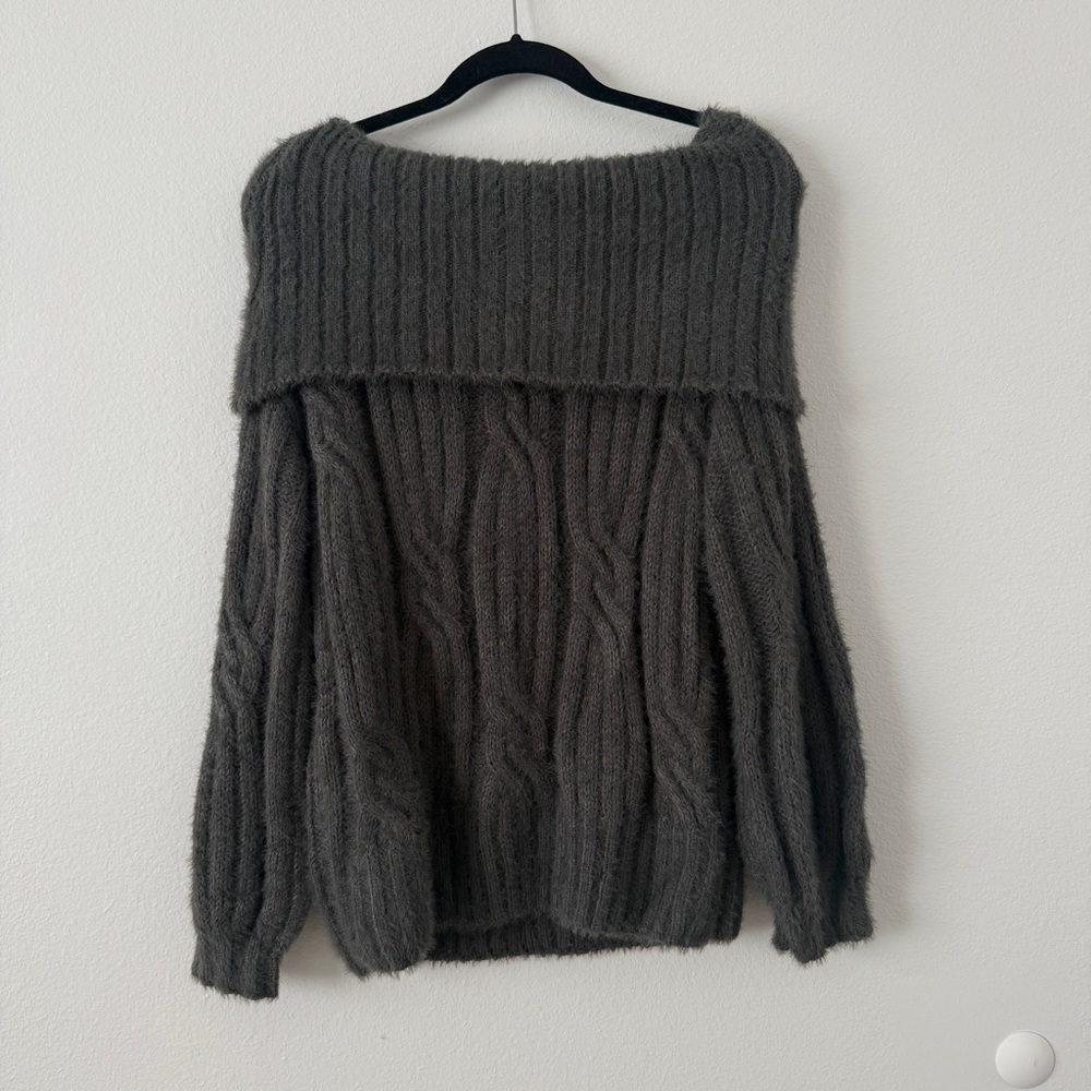 Shein Off Shoulder Ribbed Sweater Dark Charcoal Cozy Knit